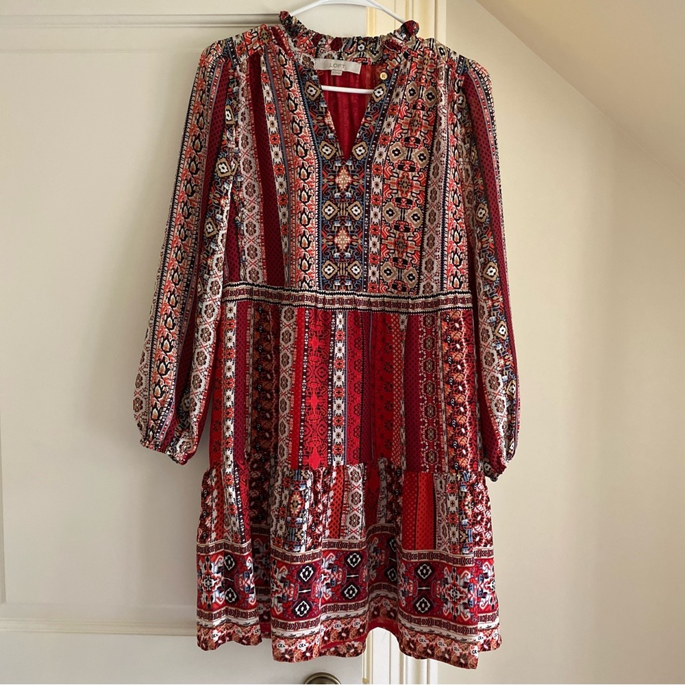 Loft Bohemian Red Long Sleeves Midi Dress, Tiered Skirt
